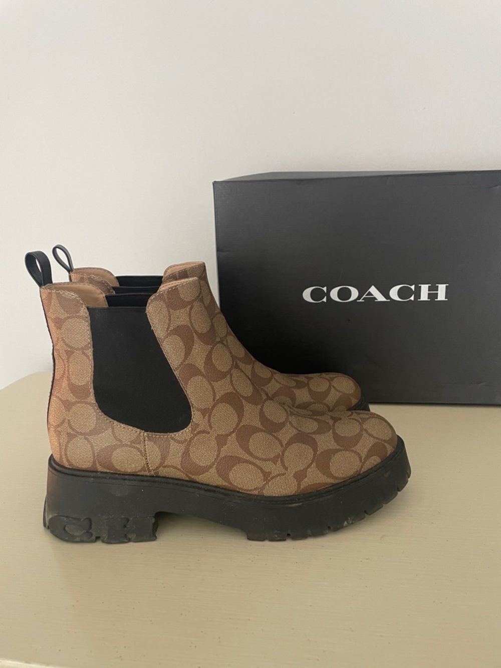 Coach Brown Signature Canvas Chelsea Lug Boots